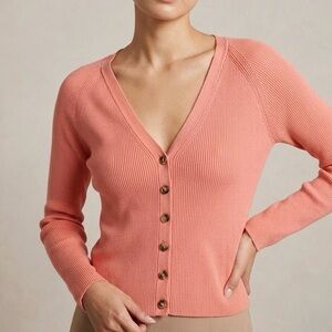 INTERMIX Katrina V-Neck Ribbed Cardigan Coral XL